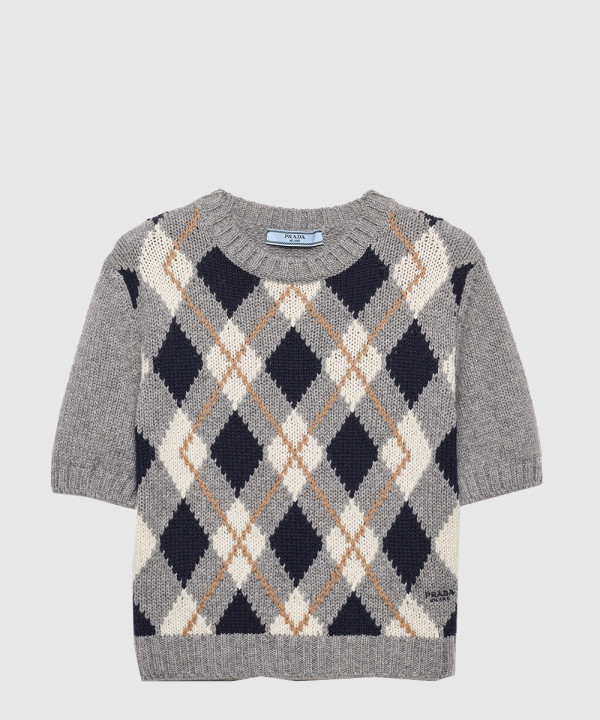 쇼트 슬리브 아가일 니트 캐시미어 스웨터